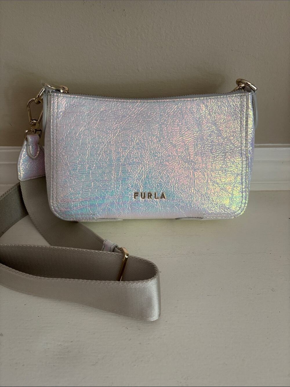 NWT furla silver leather iridescent crossbody bag atena crinkle style